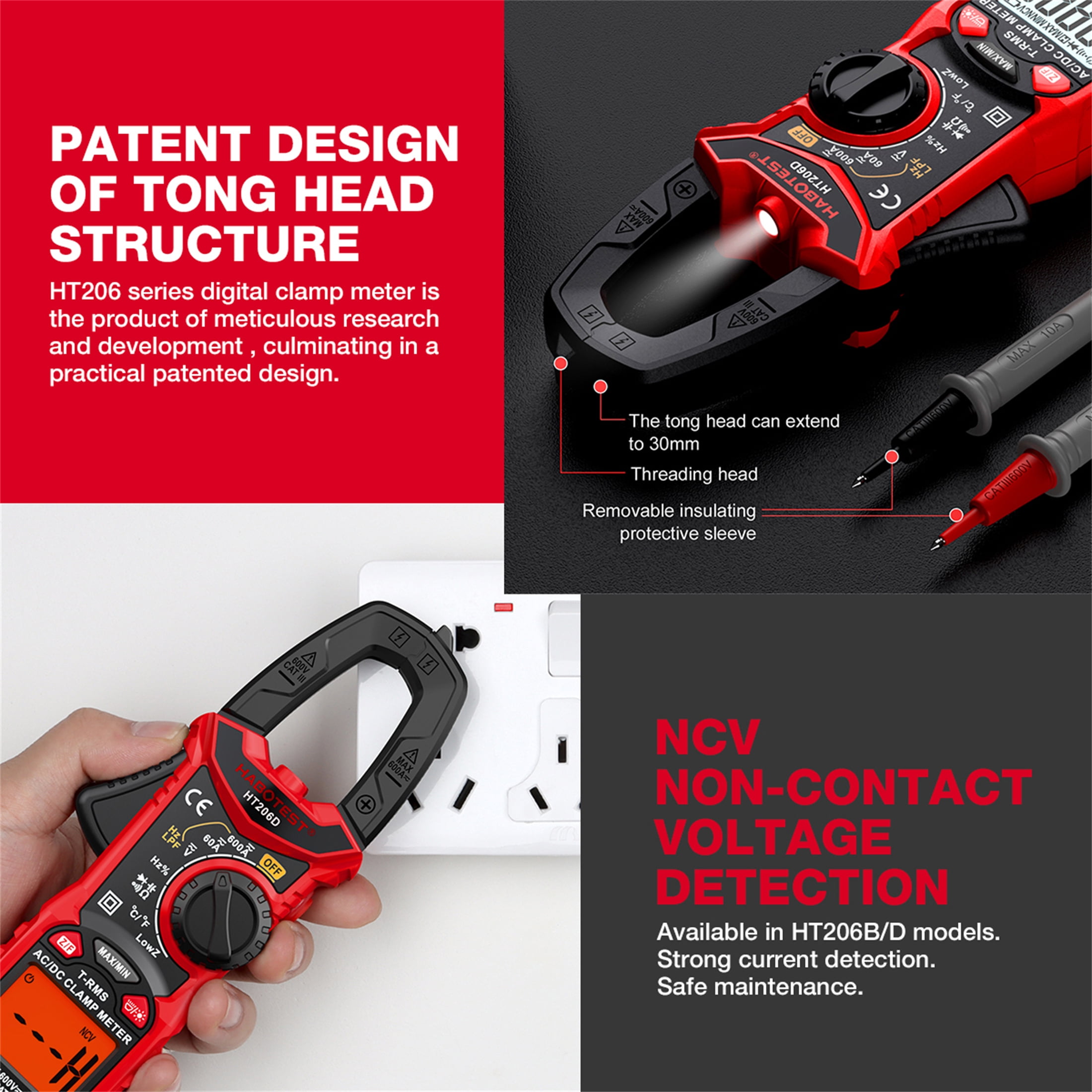 HABOTEST HT206A Clamp Meter Multimeter Automatic High Precision Digital Ammeter Clamp Meter for Measuring Voltage, Current, NCV Clamp Multimeter