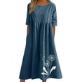 thumbnail image 2 of Women's Floral Printed Cotton Linen Short Sleeve Casual Dress for Summer Spring Daily Wear Knee-Length Pullover Blouse with Round Neck, 2 of 8