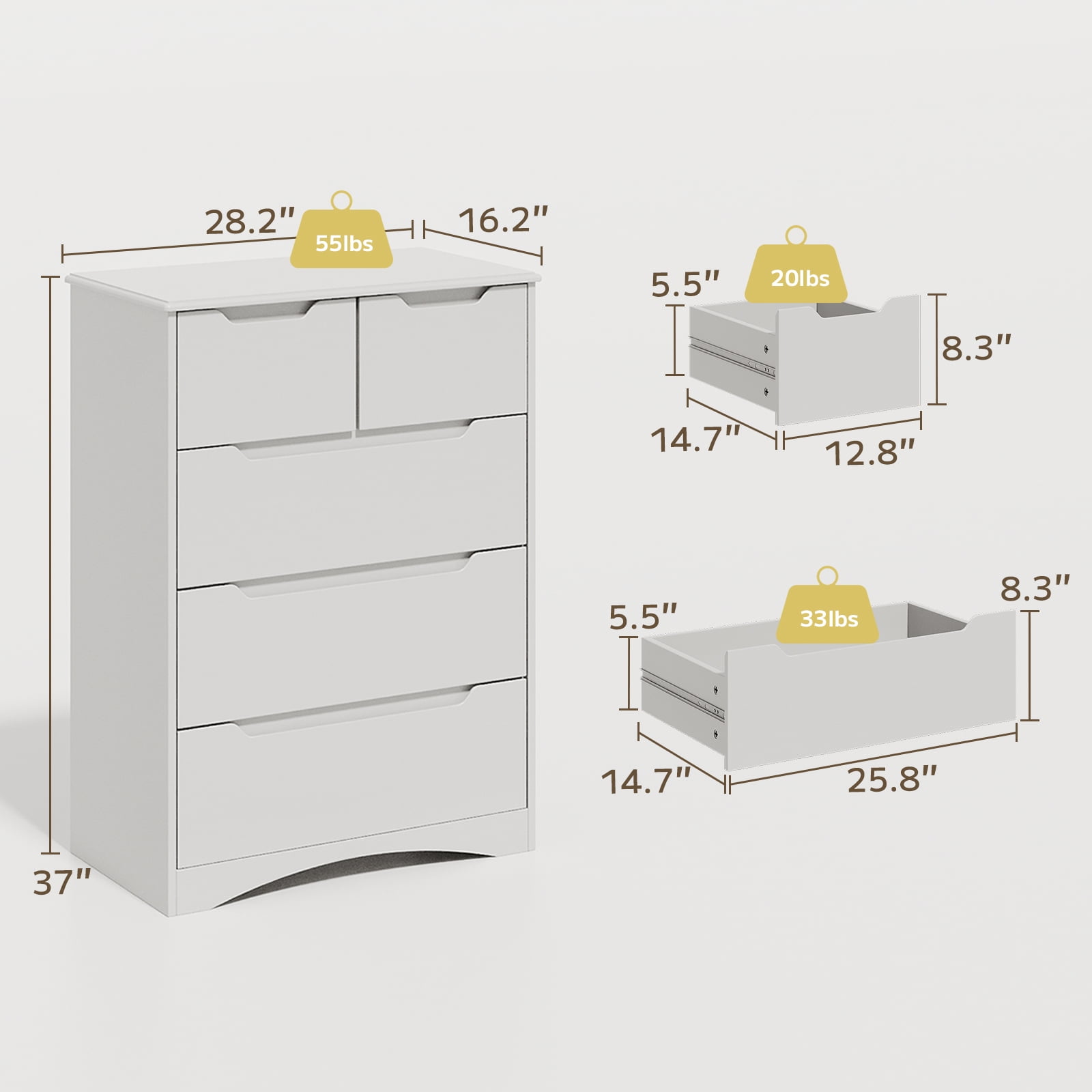 Asofer Bedroom Dressers, 5 Drawer Chest for Clothes and Toys, Living Room Wood Storage Cabinet , White