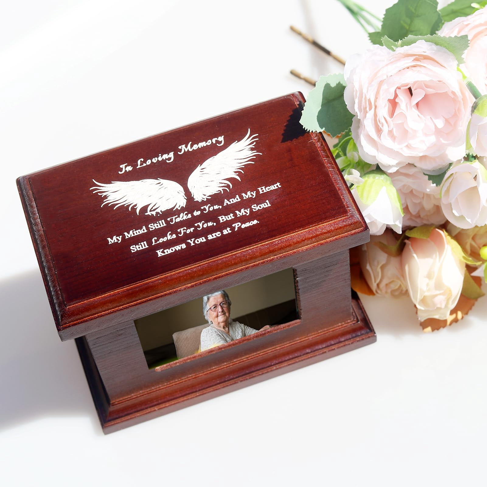 6 Inches Small Wood Urns for Ashes, Funeral Memorial Urns with Photo Frame, Small Urns Keepsake Wooden Urns Box and Casket, Picture Frame Keepsakes Urns for Human/Pet Ashes-Wing