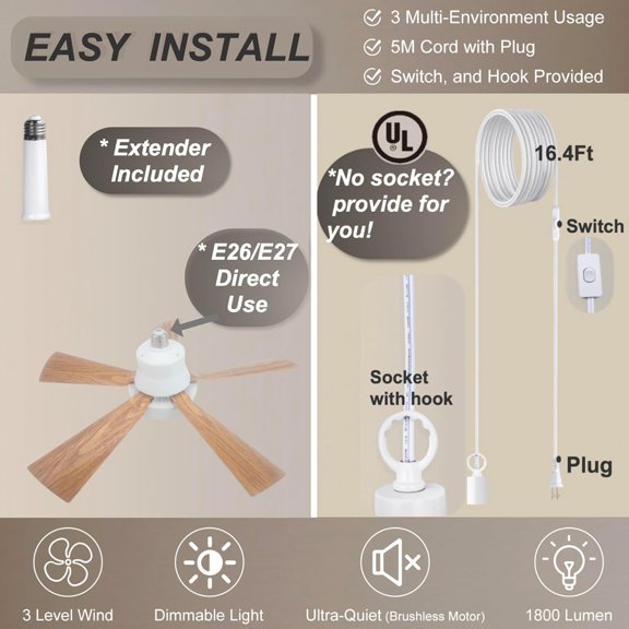 OTGFRF-Socket Fan Light, 20.5", Plug in Ceiling Fan, Gazebo Fan, Outdoor/Indoor 2 Versions, 16.4 Ft Cord with Hook UL Listed, Ceiling Light with Remote (Light wood color)