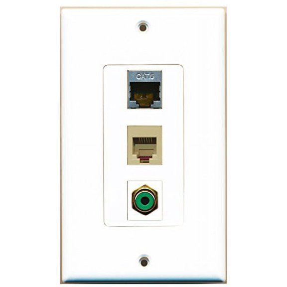 RiteAV - 1 Port RCA Green and 1 Port Phone RJ11 RJ12 Beige and 1 Port Shielded Cat6 Ethernet Decorative Wall Plate Decorative