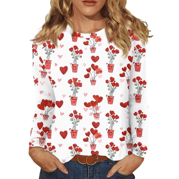 Valentine Day Shirts Womens Love Heart Print Long Sleeve T Shirts Crew Neck Casual Tunic Tops Plus Size Spring Tops Red XL