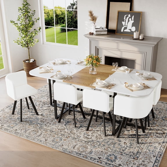 FFZ 9-Piece Square Dining Table Set with 8 PU Leather Chairs, White Faux Marble and Wood Grain Tabletop, White