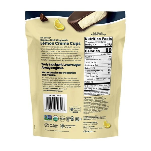 CHOCXO Organic Dark Chocolate Lemon Creme Cups, 72% Cacao, 14.8