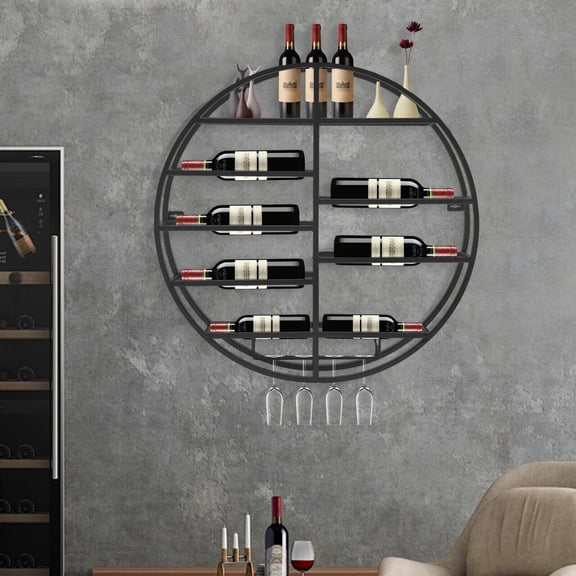 Wall Mounted Round Wine Rack, Wine Display Rack, Wine Shelf with Glass Holder