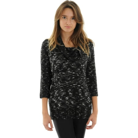 Womens 3/4 Sleeve Sweater - Womens Black and White Sweater Cowl Neck 3/4 Sleeves Gray Knit Pullover Sweater