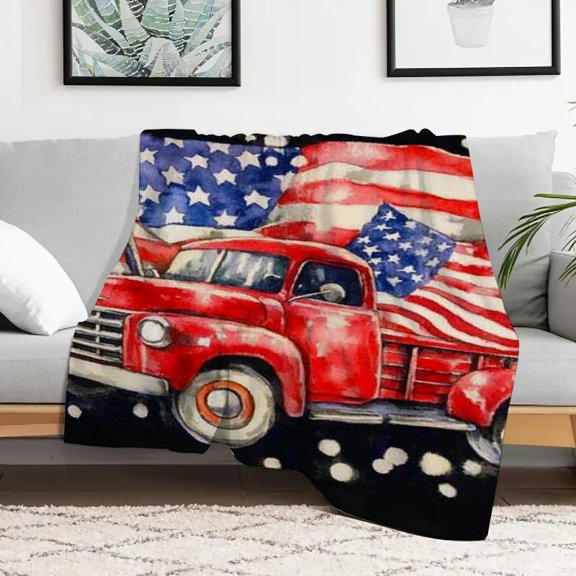 Shiartex Red Truck American Flags Cozy Flannel Blanket for All Seasons 30x40in