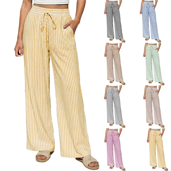 Admvng Women's Striped Linen Pants with Pockets Drawstring Waist Wide Leg Casual Summer Full Length Pants