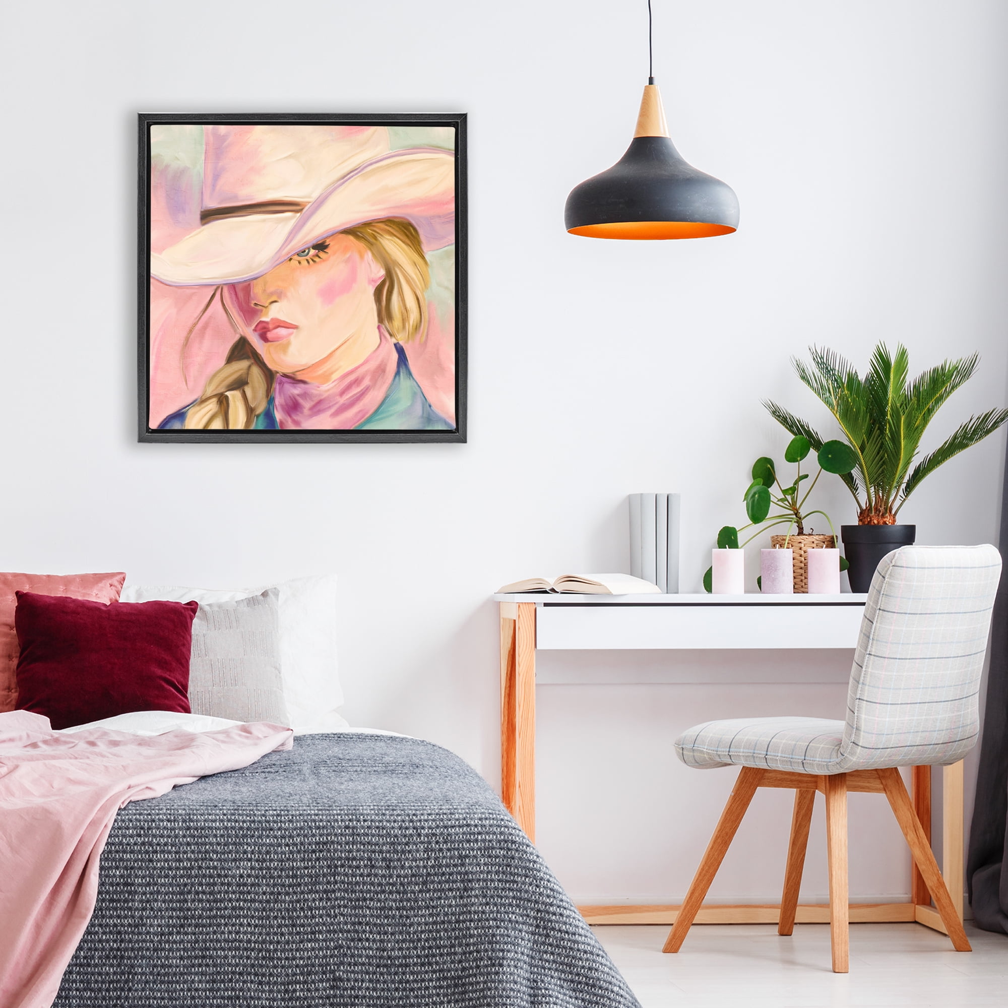 Pastel Cowgirl Gaze Beneath Hat Black Framed Floater Canvas Wall Art, design by Kim Allen