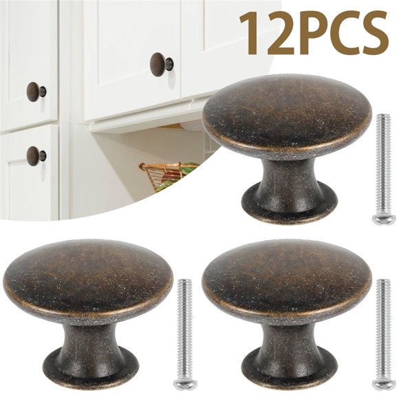 12 Pack Vintage Cabinet Knobs – Antique Bronze Cupboard Door Pull Knob, Round Alloy Dresser Knob, Single Hole Drawer Handle Knob with 12 Screws for Furniture Kitchen Closet Wardrobe Decor