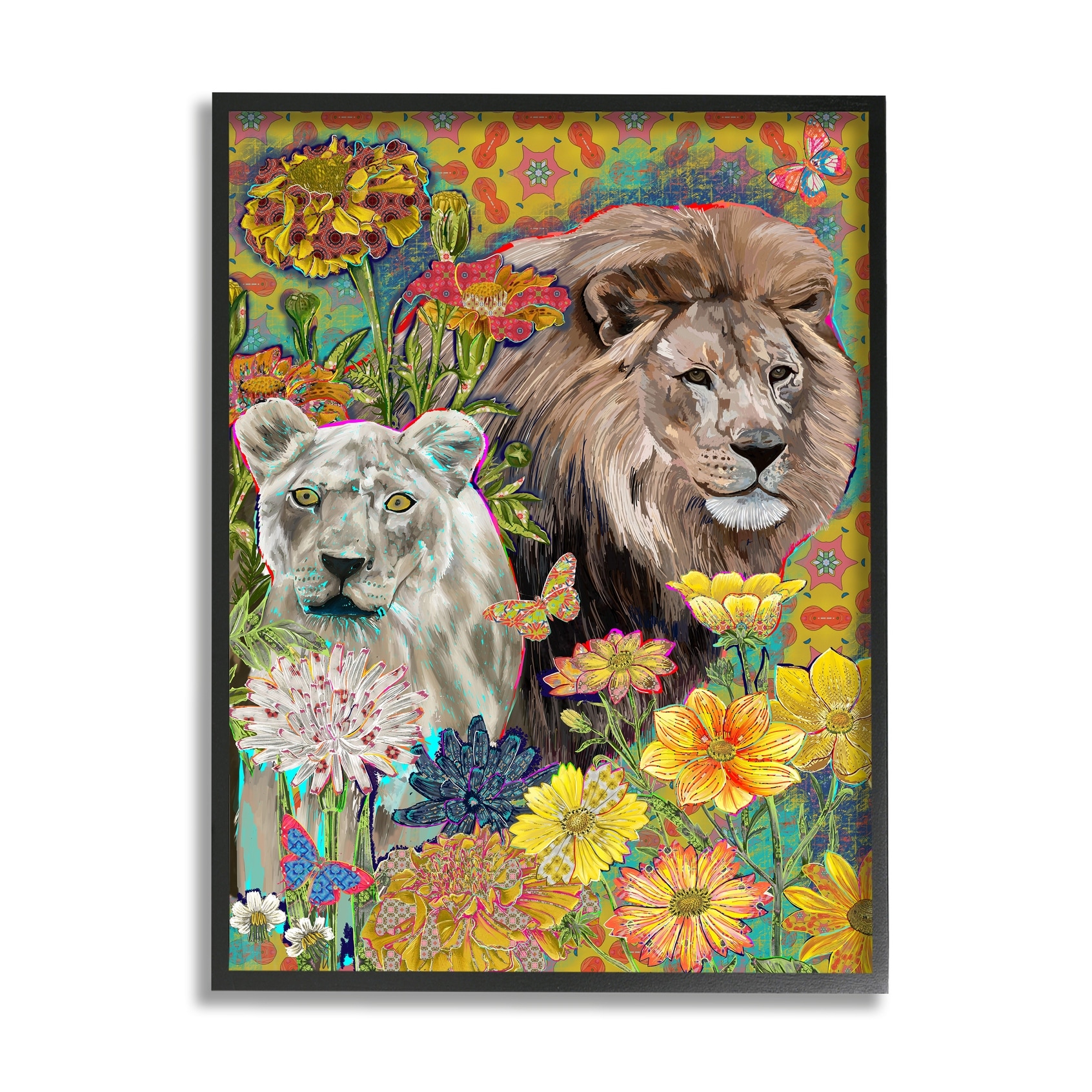 Stupell Industries Lion Couple Behind Tropical Florals Arabesque Pattern Grey Framed, 16 x 20, Design by Sangita Bachelet