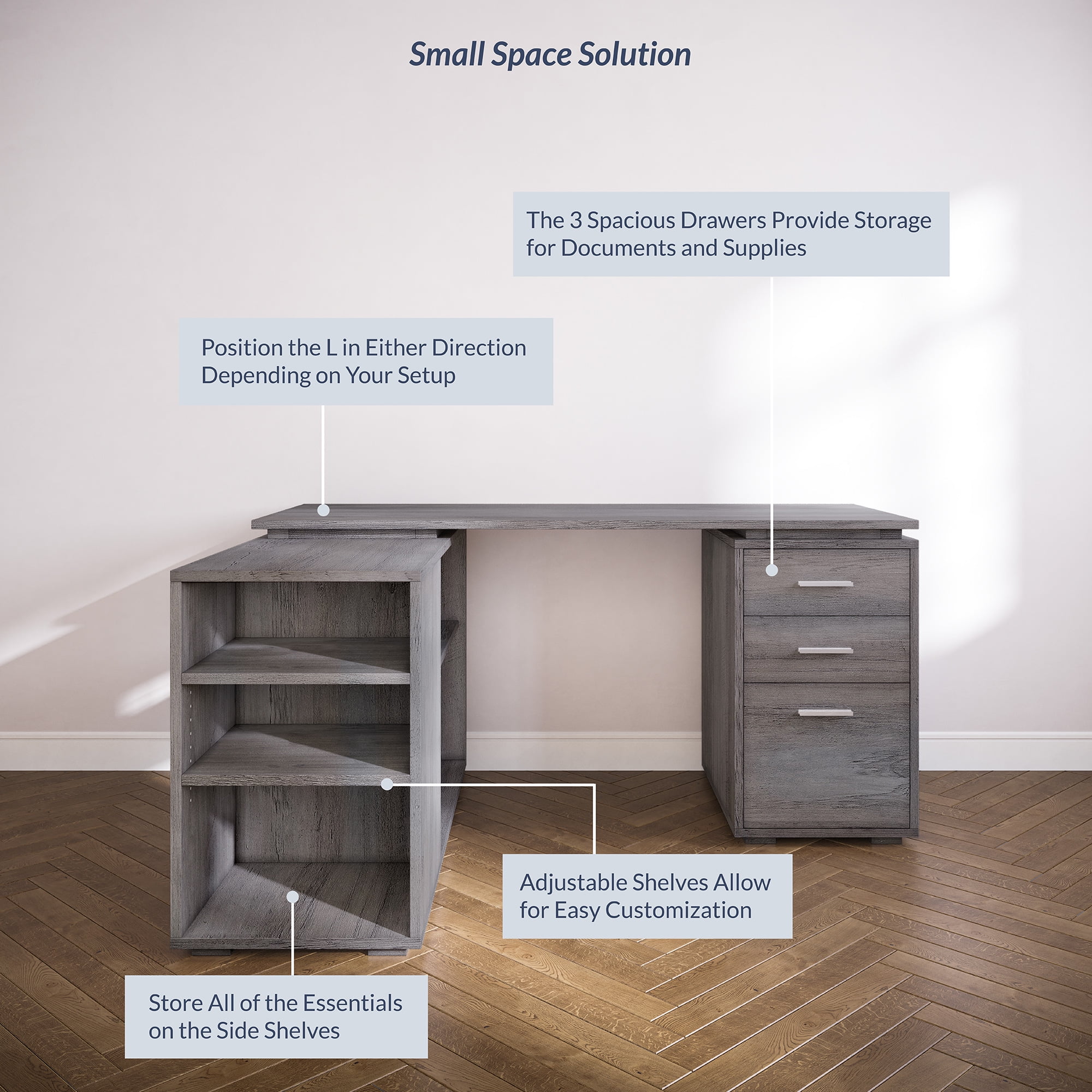 BELLEZE Trition L Shaped Computer Desk Home Office Corner Desk With Open Shelves And Drawers, Gray Wash