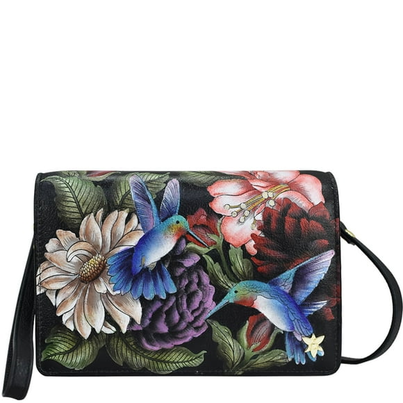 Anuschka Femmes en Cuir Véritable 4 en 1 Organisateur Crossbody Peint à la Main Œuvre d'Art Originale Ciel Colibri