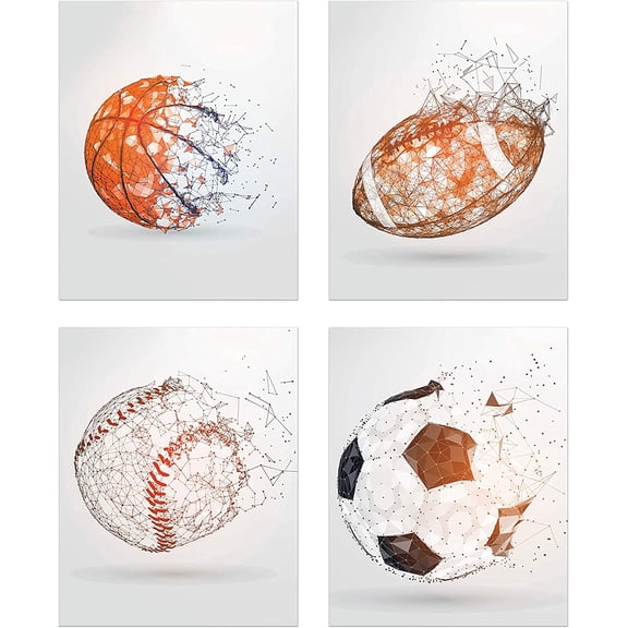 Summit Designs Sports Balls Wall Art Décor – Set of 4 Unframed (8x10) Poster Photos – Basketball Baseball Soccer Football