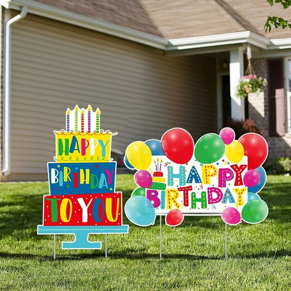 URATOT 2 Pack Outdoor Lawn Decorations - Birthday Cake & Balloons Yard Signs with Stakes for Home Party Decorations