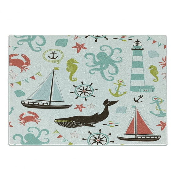 Nautical Cutting Board, Pastel Colored Composition of Lighthouse Sailboat Fish Shells Octopus and Anchor, Decorative Tempered Glass Cutting and Serving Board, Small Size, Multicolor, by Ambesonne