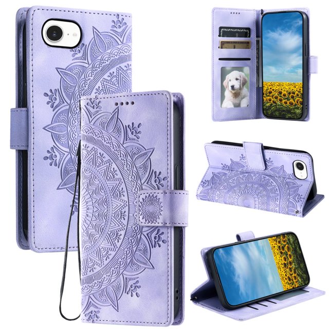 Flip Case for iPhone 16e , Totem Embossed Flowers Premium PU Leather Wallet Folio Cover with Card Holder Kickstand Compatible with iPhone 16e - Light Purple