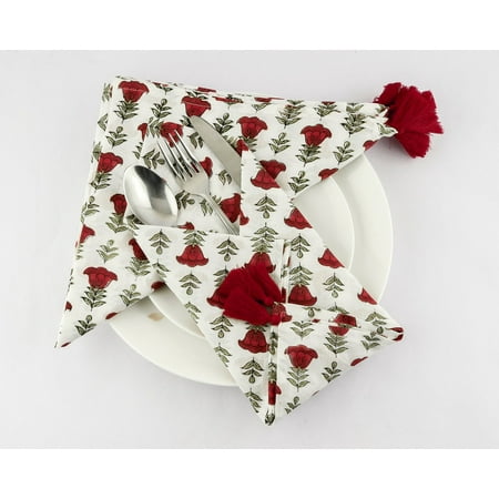 

Apple and Cherry Red Olive Green Indian Floral Block Printed Cotton Cloth Napkins Wedding Event Home Party - Cocktail 20X20 - Dinner