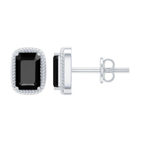 Rosec Jewels 4X6 MM Octagon Cut Black Onyx Solitaire Stud Earring in 4 Prong Setting with Twisted Rose Frame, 925 Sterling Silver