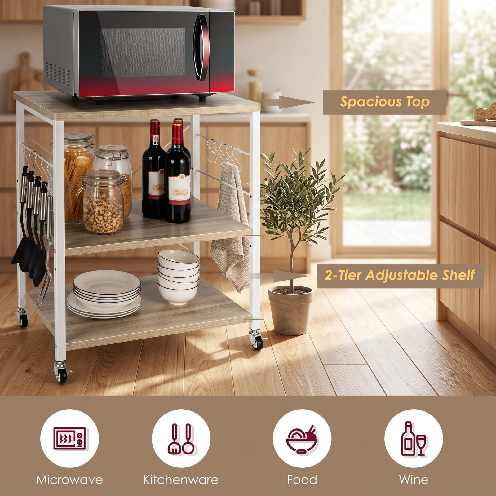 RUIE 3-Tier Kitchen Baker's Rack Microwave Oven Storage Cart with 10 Hooks, 4 Casters and Adjustable Shelf for Coffee Bar Dining Room, Light Brown