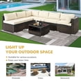 thumbnail image 4 of Outdoor PE Rattan Furniture Set, 7 Piece Patio Wicker Conversation Set with Light Beige Cushions, Sectional Sofa Set with 4 Armless Sofas, 2 Corner Seats and 1 Glass Table, for Poolside, Yard, Deck, 4 of 9