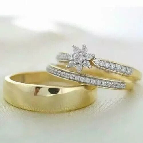 Dreamofdazzles Jewels 3.30 Ctw Round Cut White Diamond Wedding Anniversary His & Her Wedding Ring Trio Set Band Ring 14K Yellow Gold Plated 925 Sterling Silver 925 Sterling Silver -6
