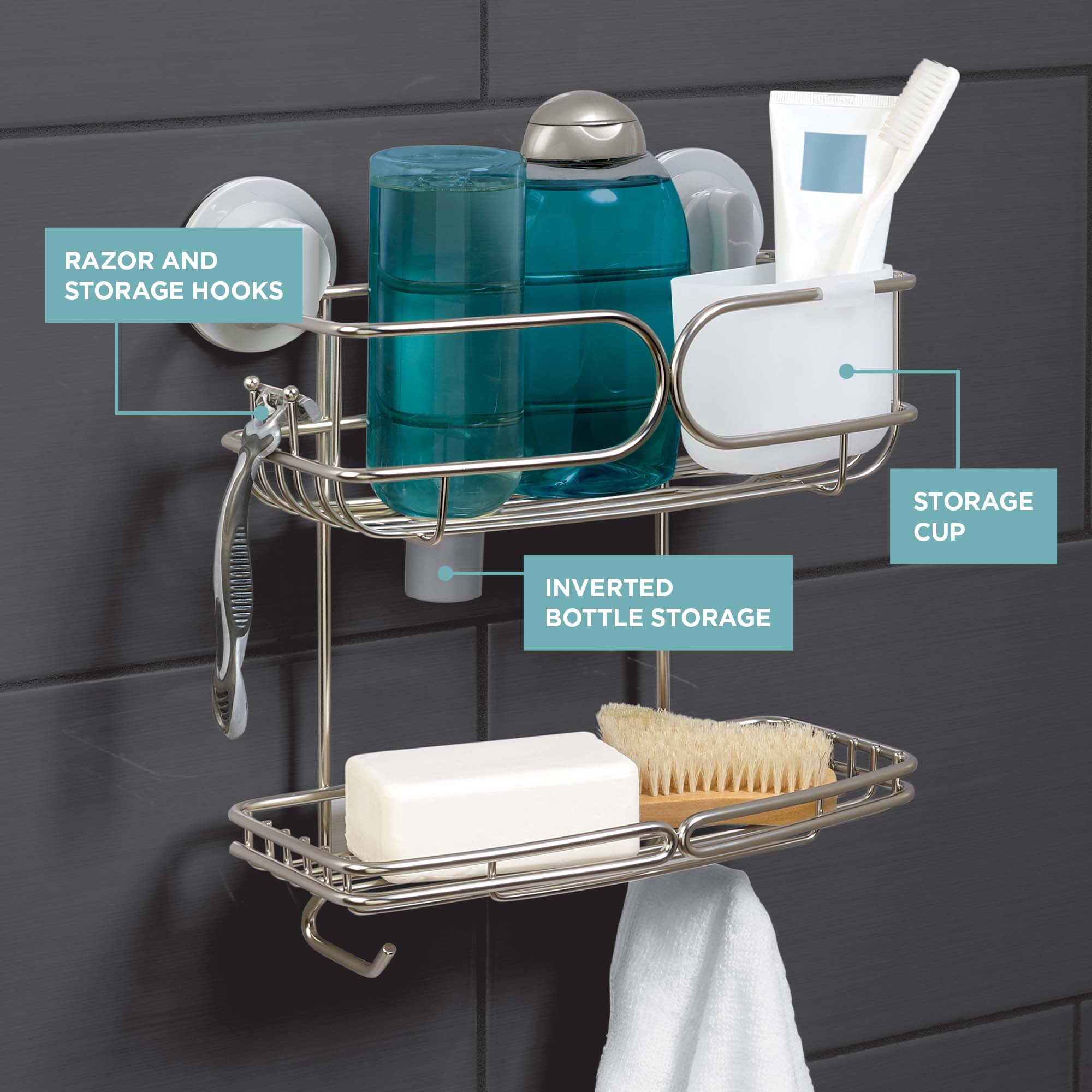Zenna Home No Rust Shower Caddy, Adhesive or Suction Mount, Power Grip Pro, 2 Shelf, Stainless Steel