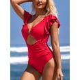 thumbnail image 4 of Charmo Womens V Neck 1 Piece Monokini Swimwear Ruffled Sleeve Swimsuit Tummy Control Bath Suit, 4 of 8