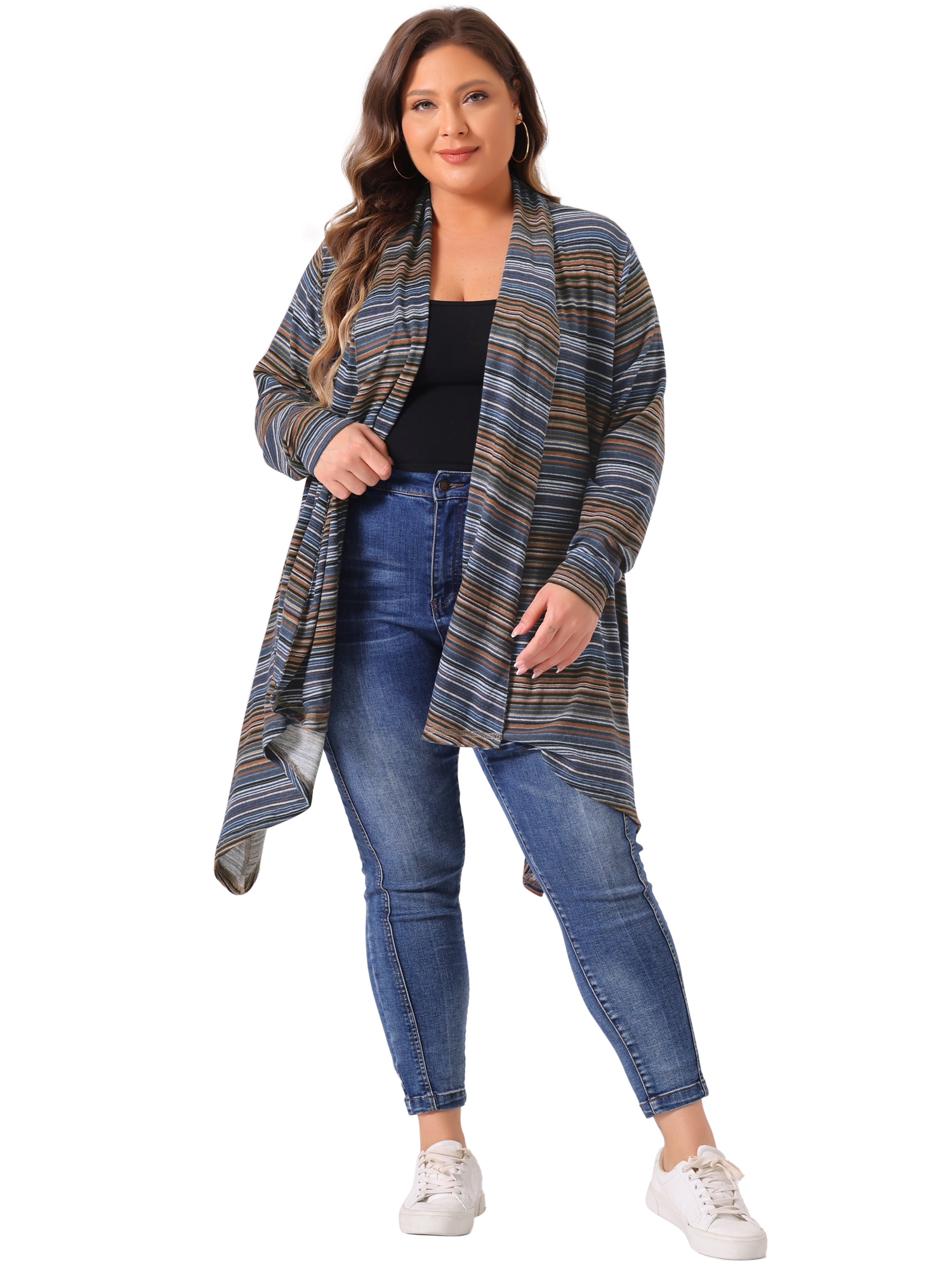 DARING DIVA Plus Size Long Sleeve Open Front Knit Stripe Cardigan 2X Blue
