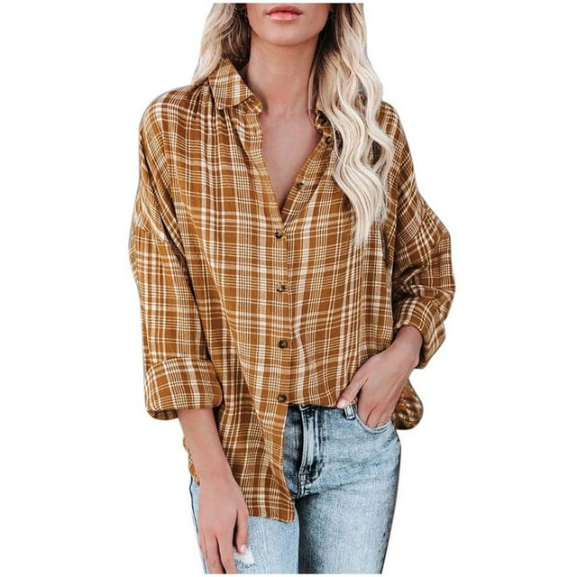 Women's Flannel Button Down Shacket Long Sleeve Plaid Business Casual Work Top Blouse
