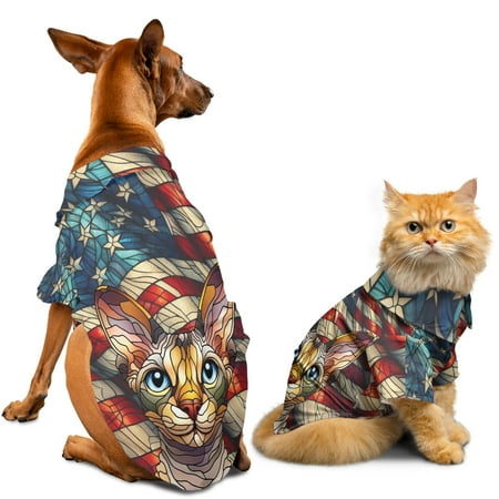 Patriotic Devon Rex Stained Glass Portrait American Flag Hawaiian Summer Shirt for Small Medium Large Dog Cat Cat Lover Kitten Owner Gifts - 01010