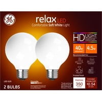 GE LED 4.5W HD Relax Soft White G25 Globe Frosted Finish, Medium Base, Dimmable, 2pk Light Bulbs