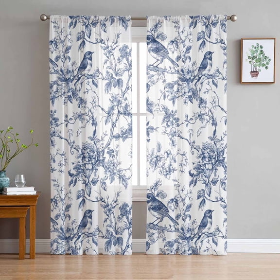 Blue Bird Flower Sheer Curtains 72 Inches Long 2 Panels Set, Window Sheer Curtains for Living Room/Bedroom, Retro Tree Branch Floral Fall Winter Light Filtering Rod Pocket Curtain 52'' x 72'' x 2