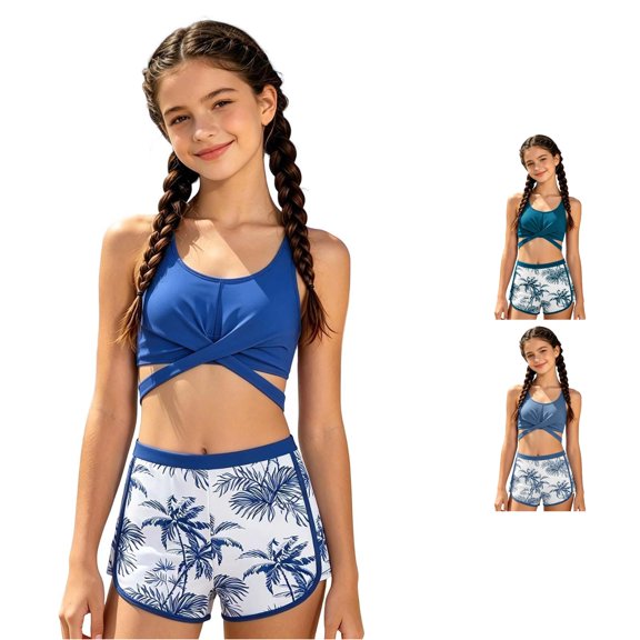 Krdevn Girls Wrap Crop Tankini 2 Piece Swimsuit with Palm Print Shorts Color:Blue,Size:13-14 Years