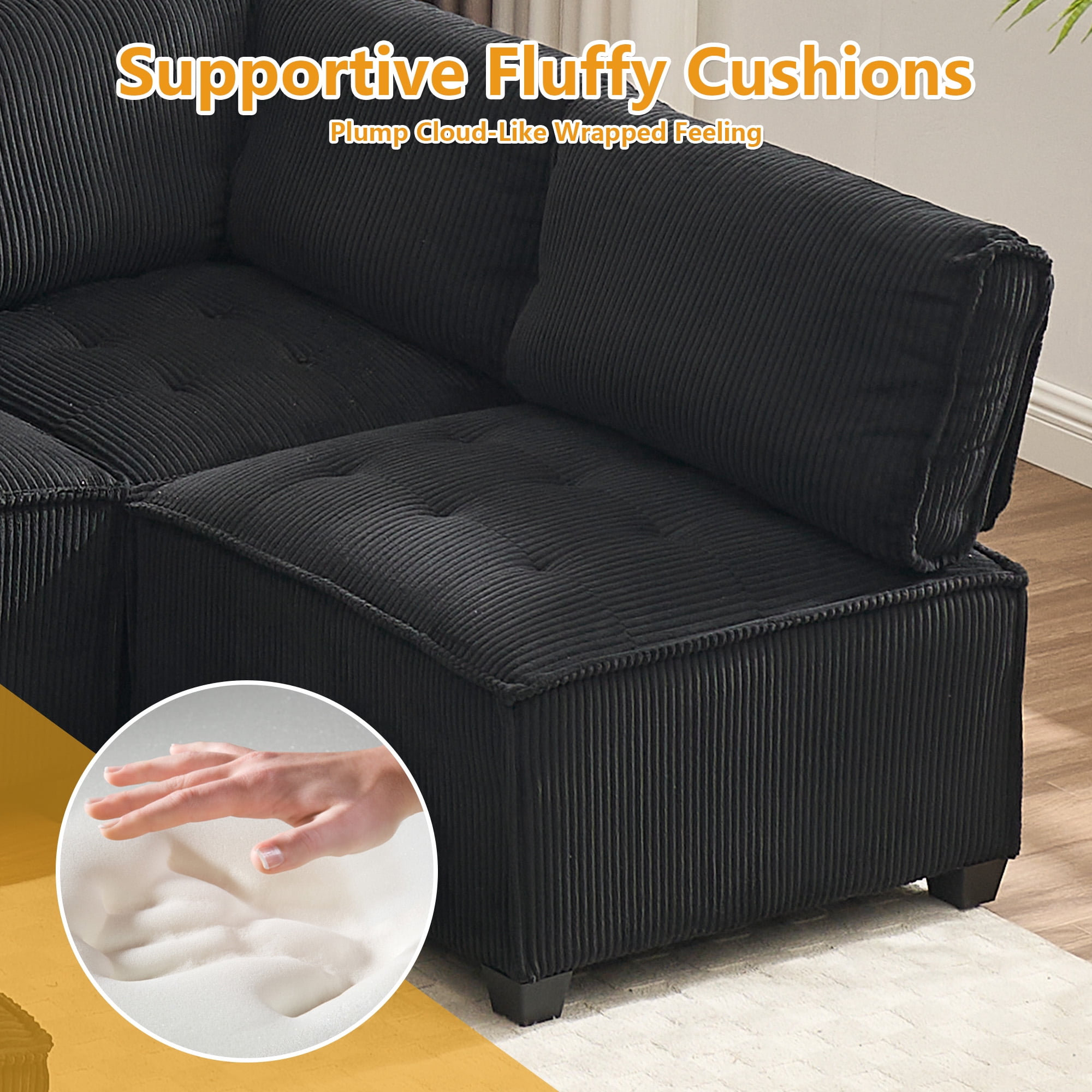 MOONMISS U-Shaped Corduroy Upholstered 6-Seat Convertible Modular Sectional Sofa Fit for Living Room-Black