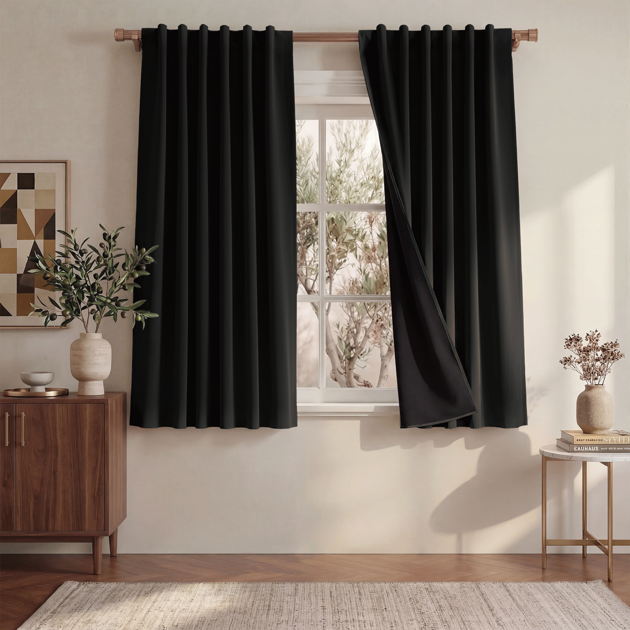 NICETOWN Black 100% Blackout Curtains, 2‑Layer Thermal Insulated Window Panels, 52" W x 63" L, 2‑Panel Set