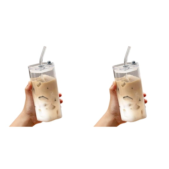 Square Coffee Cup with Lid Straw, 400ml 14oz Heat Resistant Square Coffee Cup with Lid Straw, Transparent Tumbler for Milk Tea Juice, Reusable Drinkware for Home Bar Gift