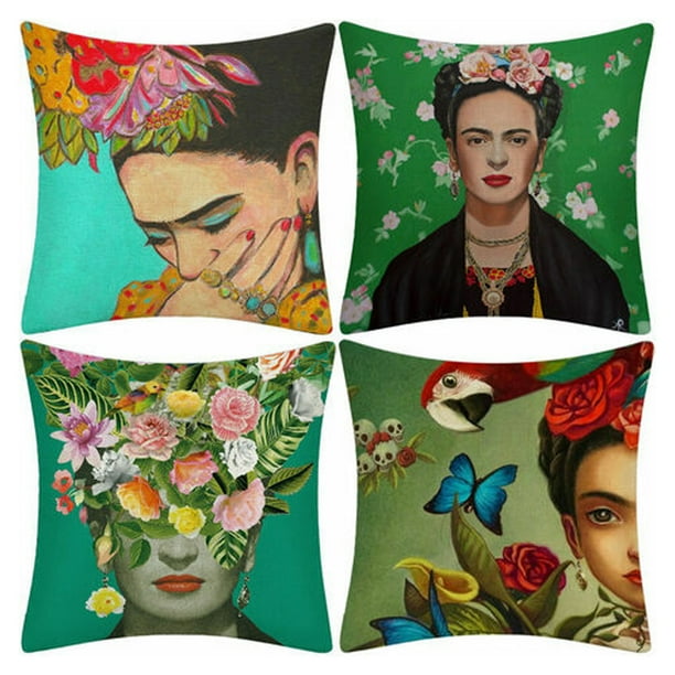 Funda de almohada inspirada en Frida Kahlo, cojines de silla con arte mexicano vibrante con diseño de pintura al óleo, tela de mezcla de lino transpirable para la decoración de su hogar, cremallera