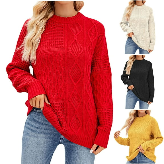 Ashirexll Winter Sweaters Pullover Sweaters for Women Winter Solid Color Round Neck Long Sleeve Knitted Loose Sweater Warm Cozy