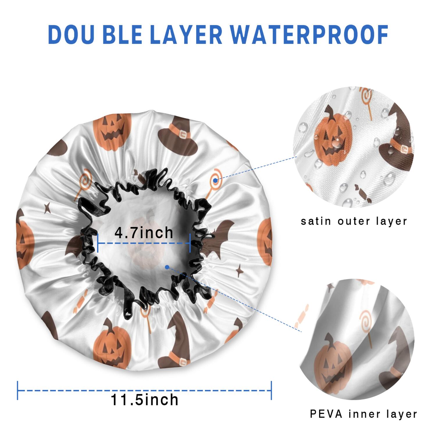 Shower Caps,Halloween Pumpkins Witch Hats and Bats Waterproof Shower Cap for Women 4 Pieces,Double Reusable Hair Cover for Shower PEVA Elastic Stretch Hem