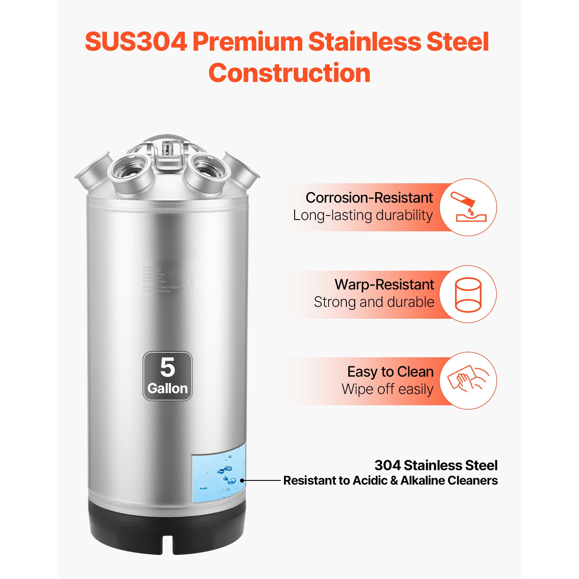 KFFKFF 5 Gallon/19L Cleaning Keg with 4 D Coupler Connections & Rubber Base, Stainless Steel Beer Line Cleaning Kit for Kegerators