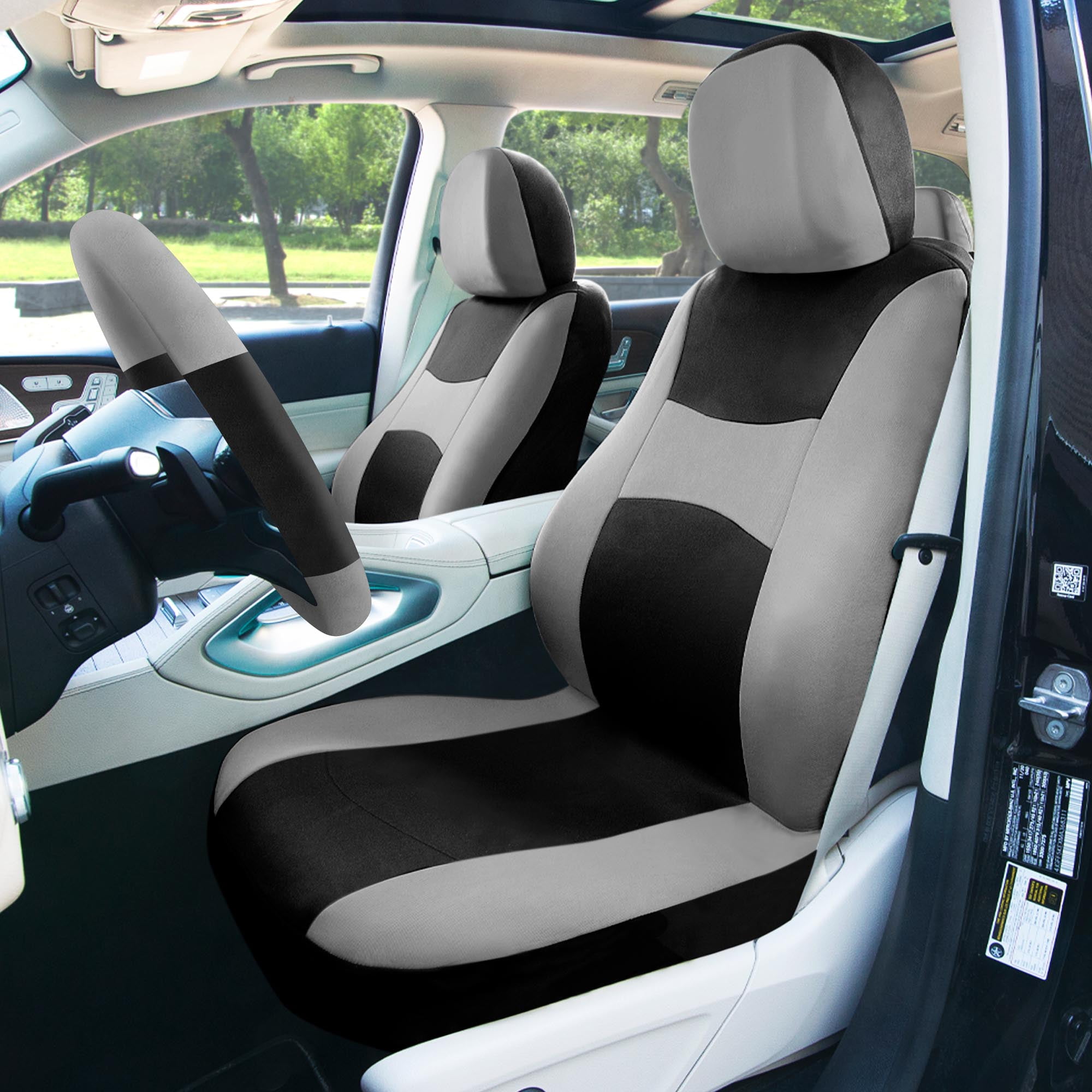 FH Group Light & Breezy Flat Cloth Car Seat Cover, Universal Gray Full Set Seat Covers with Air Freshener