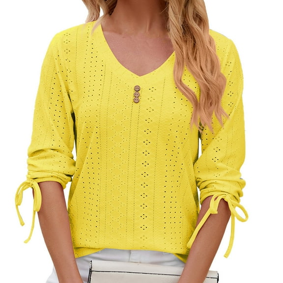 Drawstring 3/4 Sleeve Tops for Women V Neck Lace Up Mesh Hole Tunic Shirt Buttons Trim Slim Fit Casual Solid Blouses Yellow,XL