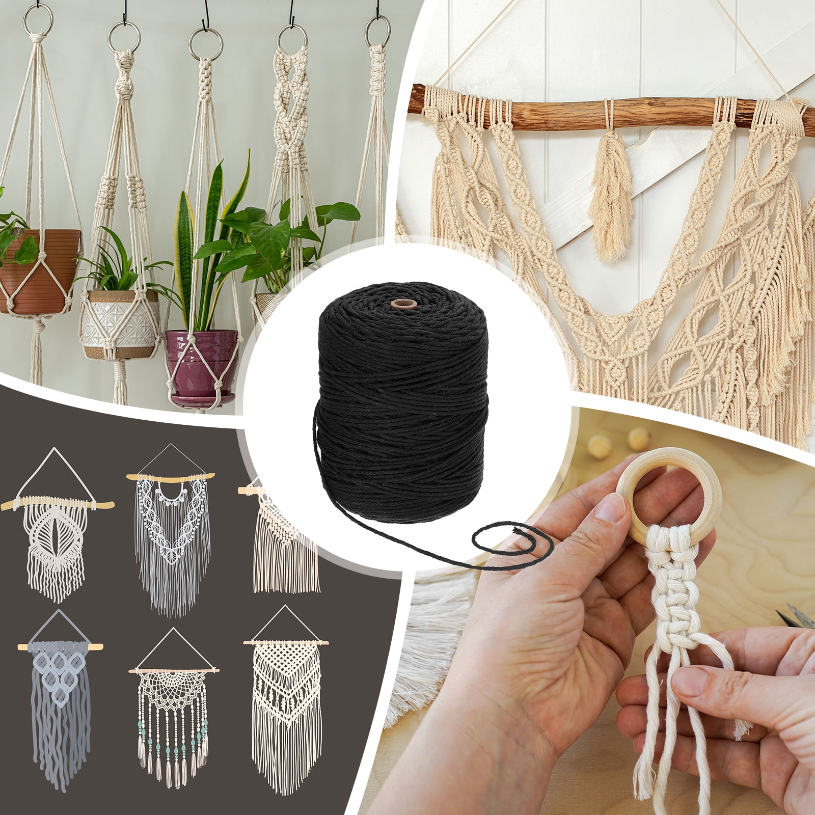 Uxcell Natural Macrame Cord 3mm x 328 Yards 4 Strand Twisted Cotton Macrame Rope for DIY Knitting Plant Wall Hanger Dreamcatcher, Black