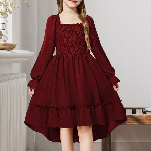 LIJCC Girls Dress Puff Trendy Cute Elegant Solid Color Long Sleeve Square Neck High Low Hem Smocked Shirred Tiered Ruffle Flared Party Fall Dresses