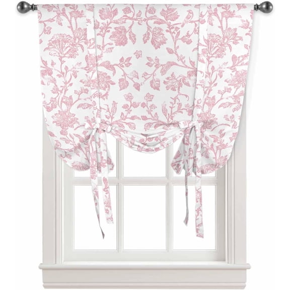 Pink Flower Tie Up Curtains for Kitchen Bedroom Living Room Windows, Vintage Farmhouse Boho Leaf Spring Solid Adjustable Tie-Up Shade Rod Pocket Curtain Valance Drape 1 Panel, 46" x 63"