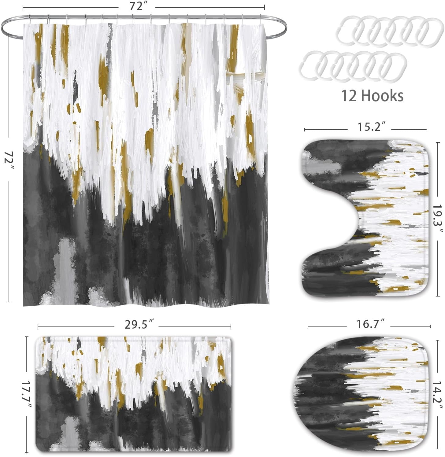 Zrodlmo Abstract Black Ombre Fabric Shower Curtain and Rug Sets, 16pc Modern Bathroom Curtain Sets, 72" x 72", Black