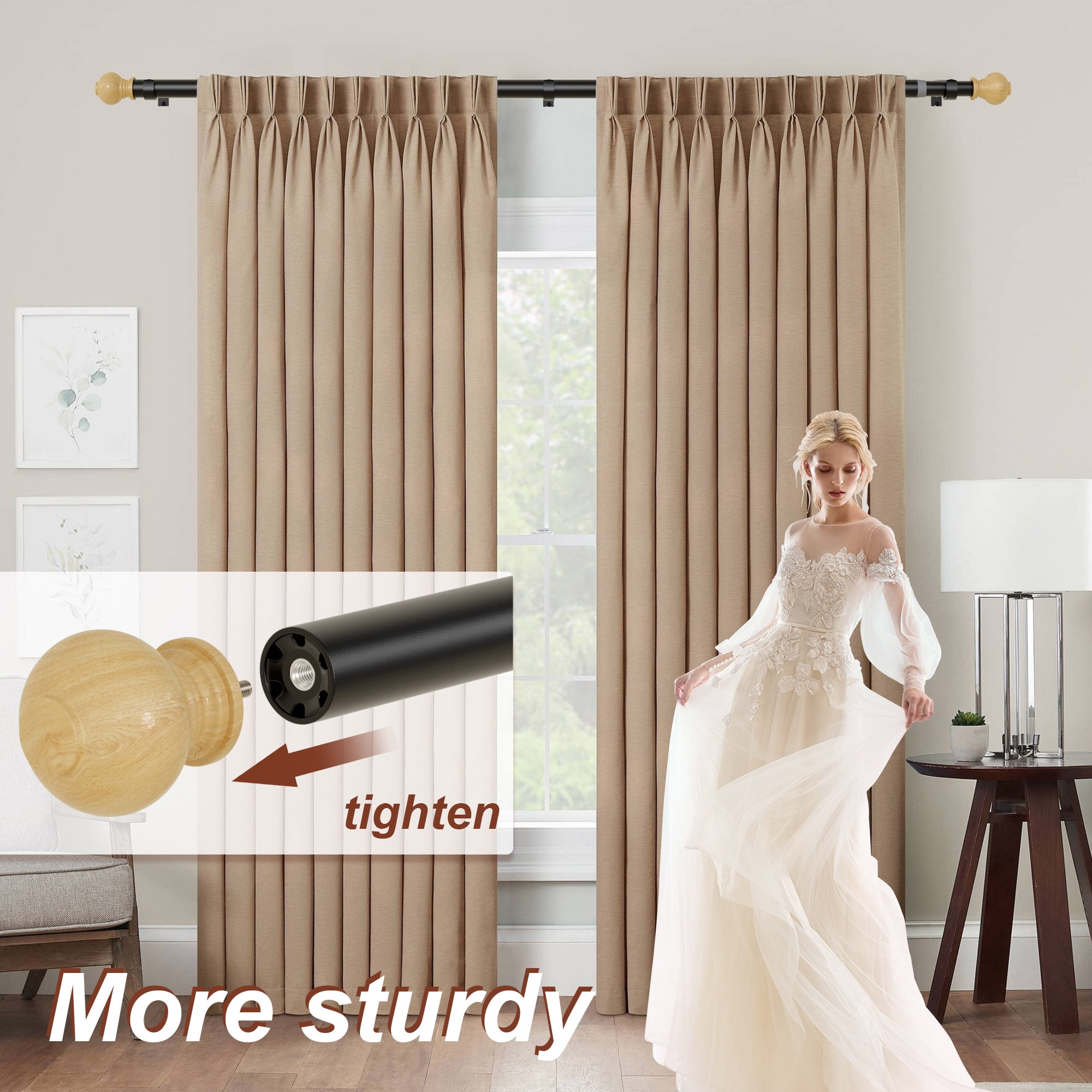 Curtain Rods for Windows 16 to 144 Inches, Adjustable 1 Inch Diameter Heavy Duty Curtain Rods with Wood Finials, Decorative Matte Black Drapery Rods with Brackets, Indoor/Outdoor Curtain Rod