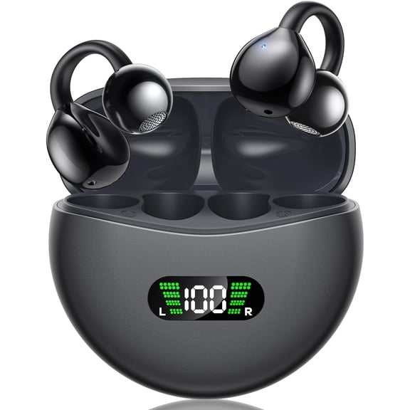 Wireless Earbuds Open Ear Clip On Headphones with LED Digital Display Charging Case Touch Control Bluetooth 5.4 Air Conduction Sport Earphones for Running Fitness, Medium Purple